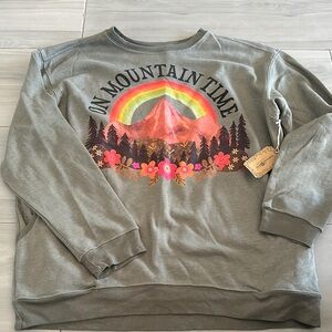 NWT | Natural Life | “On Mountain Time” Green/Gray Graphic Sweater with Pockets